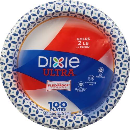 imageDixie Ultra Large Paper Plates 10 Inch 43 Count Pack of 4 3X Stronger Heavy Duty MicrowaveSafe SoakProof Cut Resistant Disposable Plates For Heavy Messy Meals100 Count Pack of 3