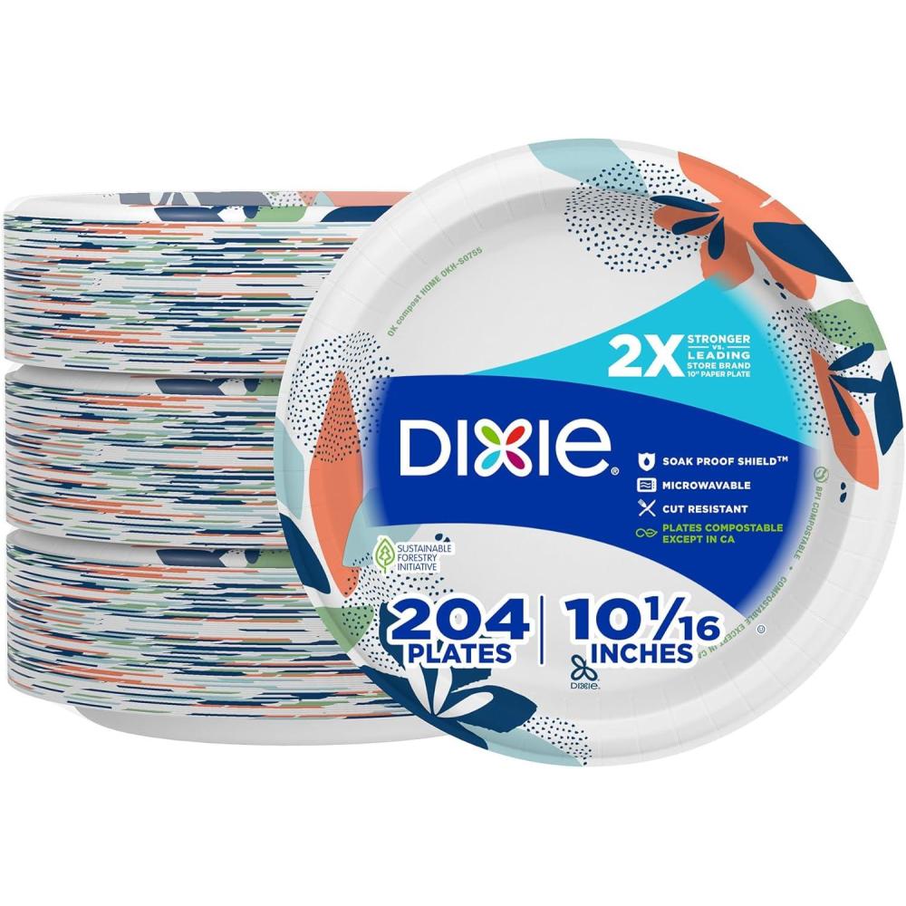 imageDixie Large Paper Plates 10 Inch 204 Count 2X Stronger MicrowaveSafe SoakProof Cut Resistant Disposable Plates For Everyday Breakfast Lunch amp Dinner Meals204 Count Pack of 1