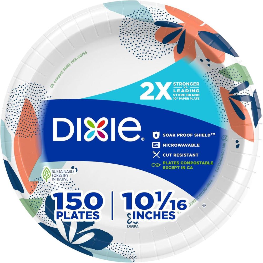 imageDixie Large Paper Plates 10 Inch 204 Count 2X Stronger MicrowaveSafe SoakProof Cut Resistant Disposable Plates For Everyday Breakfast Lunch amp Dinner Meals150 Count Pack of 1