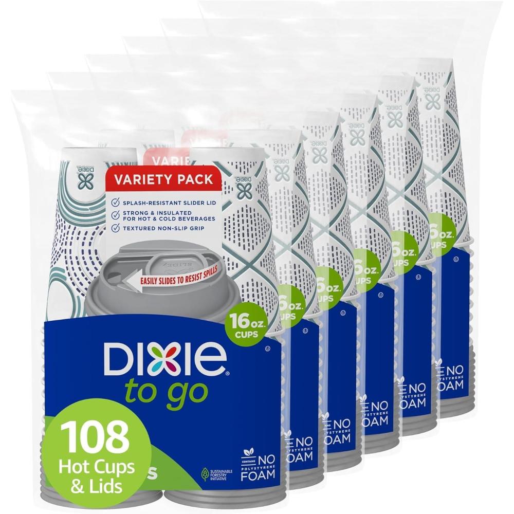 imageDixie To Go Paper Coffee Cups With Lids 16 oz 108 ct Disposable Insulated Paper Cups for OnTheGo Hot or Cold Beverages