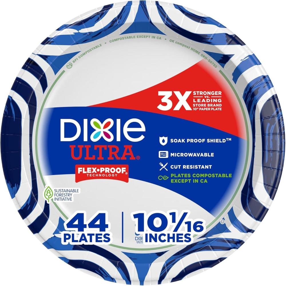 imageDixie Ultra Large Paper Plates 10 Inch 43 Count Pack of 4 3X Stronger Heavy Duty MicrowaveSafe SoakProof Cut Resistant Disposable Plates For Heavy Messy Meals44 Count Pack of 1