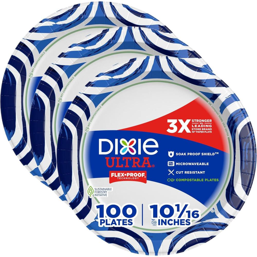 imageDixie Ultra Large Paper Plates 10 Inch 43 Count Pack of 4 3X Stronger Heavy Duty MicrowaveSafe SoakProof Cut Resistant Disposable Plates For Heavy Messy Meals100 Count Pack of 3