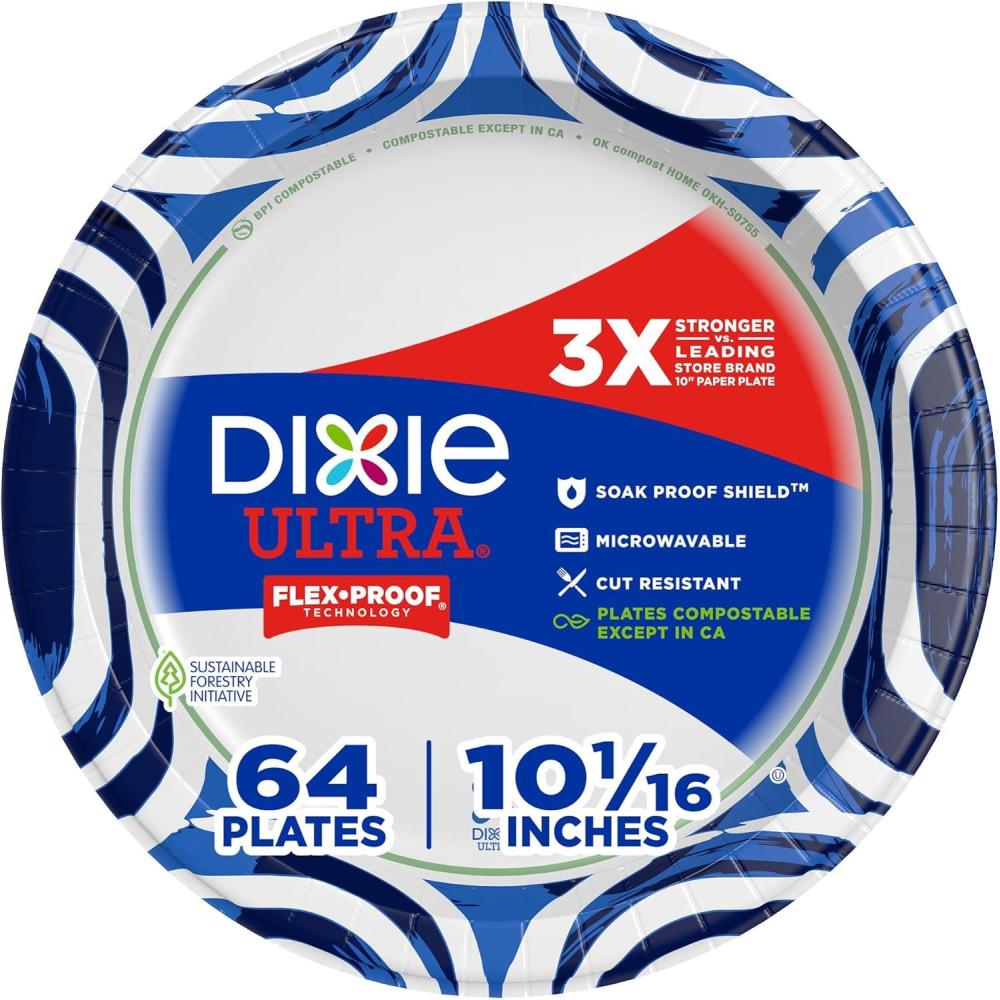 imageDixie Ultra Large Paper Plates 10 Inch 64 Count 3X Stronger Heavy Duty MicrowaveSafe SoakProof Cut Resistant Disposable Plates For Heavy Messy Meals64 Count Pack of 1