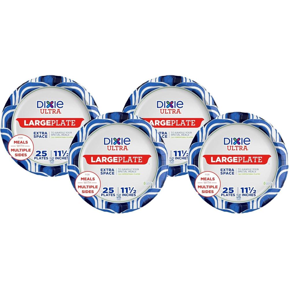 imageDixie Ultra Large Paper Plates 11 Inch 25 Count 3X Stronger Heavy Duty MicrowaveSafe SoakProof Cut Resistant Great for Heavy Messy MealsExtra Large Pack of 4