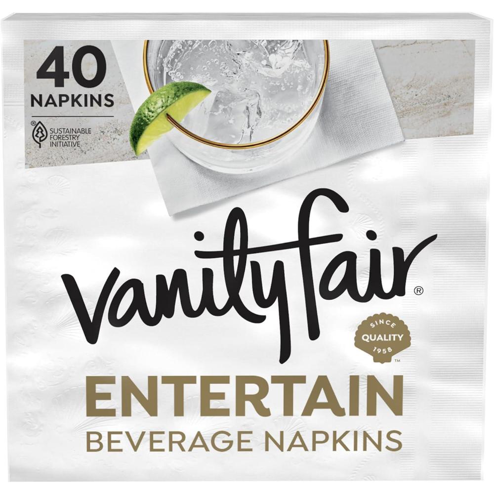 imageVanity Fair Entertain Beverage Paper Napkins White 2Ply 40 Count 49 x 49 Disposable Napkins for Entertaining40 Count Pack of 1