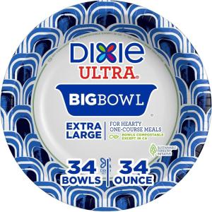 Dixie Ultra Extra Large Paper Bowls, 34 oz, 34 Count, Compostable, Microwave Safe, Disposable Bowls for Heavy Meals, Soups, Stews, and Everyday Use(Extra Large)