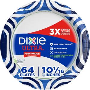 Dixie Ultra, Large Paper Plates, 10 Inch, 64 Count, 3X Stronger*, Heavy Duty, Microwave-Safe, Soak-Proof, Cut Resistant, Disposable Plates For Heavy, Messy Meals(64 Count (Pack of 1))