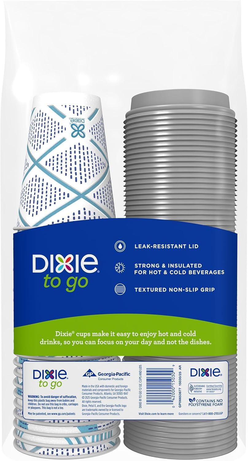 imageDixie To Go Paper Coffee Cups With Lids 12 oz 66 ct Disposable Insulated Paper Cups for OnTheGo Hot or Cold Beverages12 Ounces