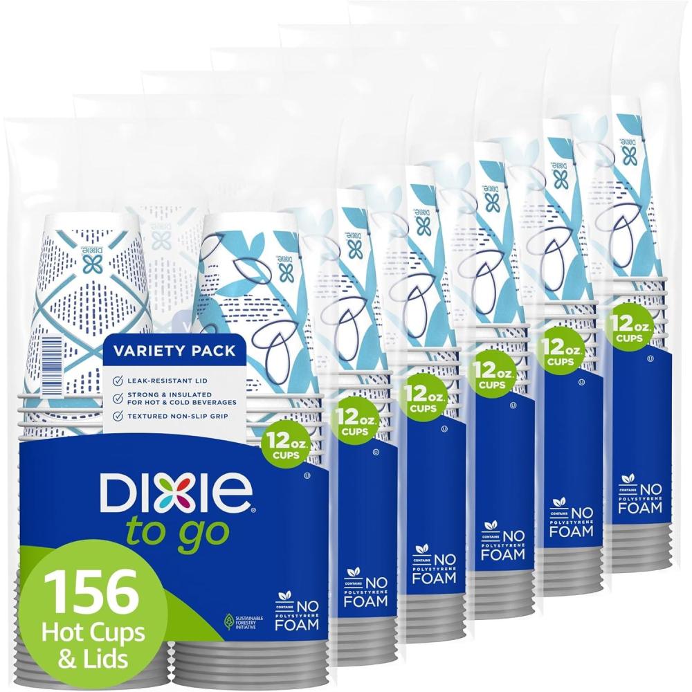 imageDixie To Go Paper Coffee Cups With Lids 12 oz 66 ct Disposable Insulated Paper Cups for OnTheGo Hot or Cold Beverages12 Ounces 156 Count