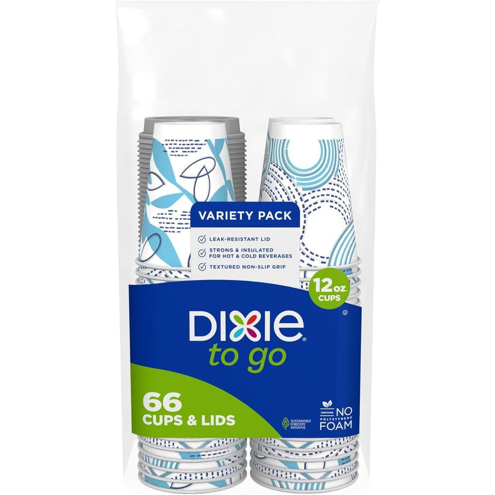 imageDixie To Go Paper Coffee Cups With Lids 12 oz 66 ct Disposable Insulated Paper Cups for OnTheGo Hot or Cold Beverages12 Ounces