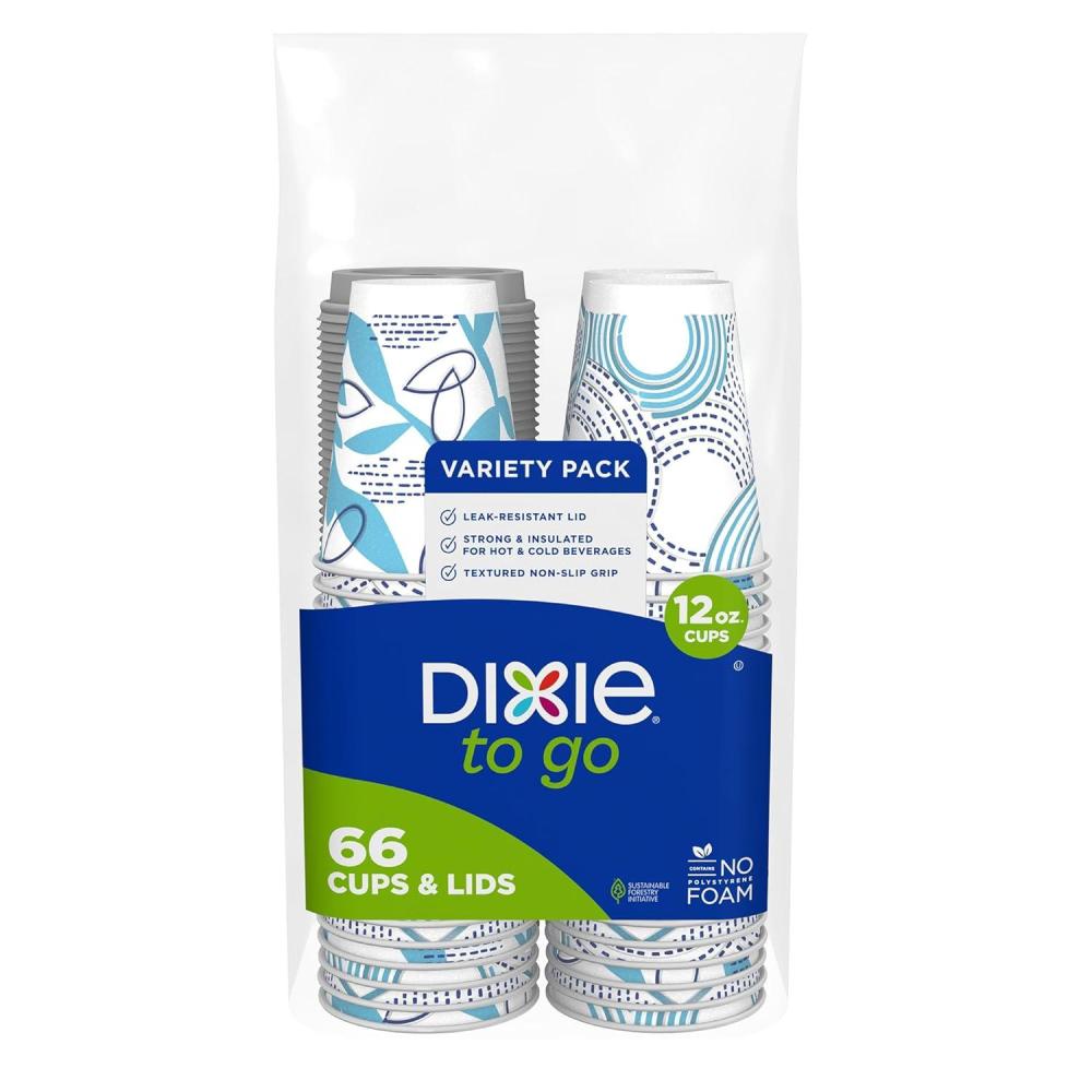 imageDixie To Go Paper Coffee Cups With Lids 12 oz 66 ct Disposable Insulated Paper Cups for OnTheGo Hot or Cold Beverages